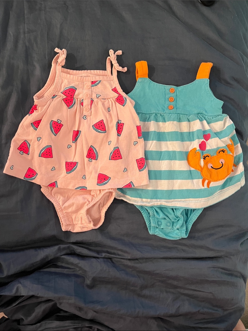 Lot of 2 Carter's Baby Girls 9M Striped/Crab & Watermelon Bodysuit Dress Set